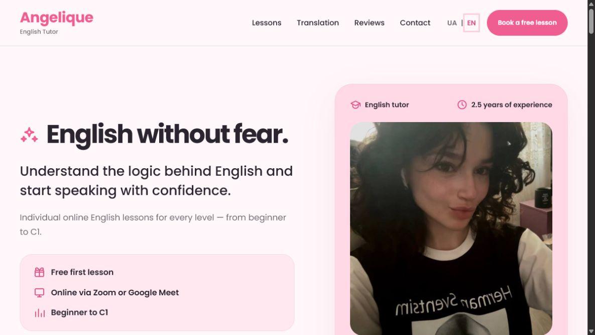 Angelique English Tutor website hero with pink personal-brand styling